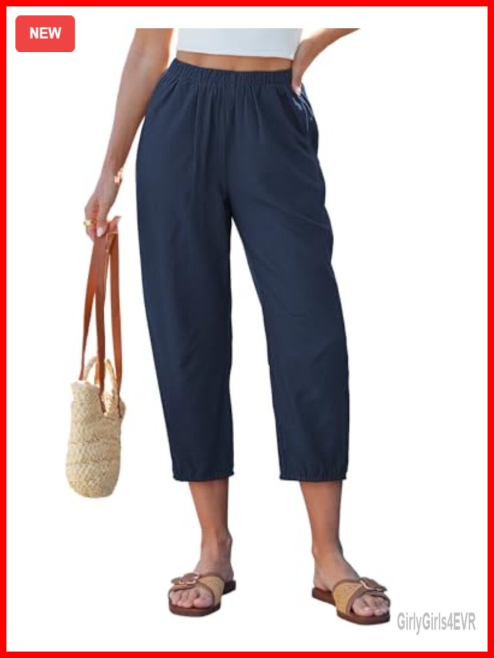 Linen Barrel Capri Pants High Waisted Pull On Elastic Waist Casual Summer Beach